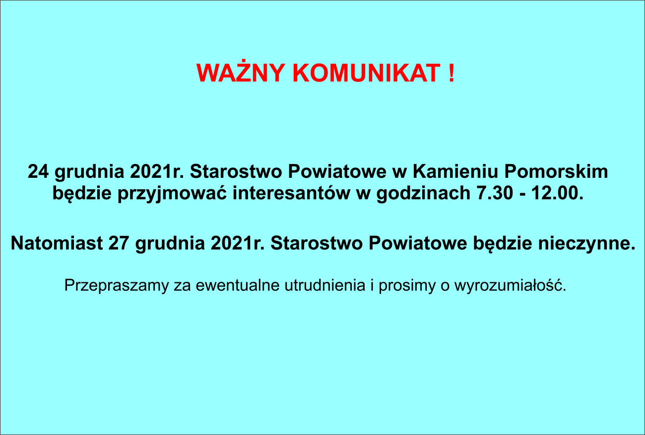 Starostwo Powiatowe -  godziny urzędowania 24.12.2021 oraz 27.12.2021